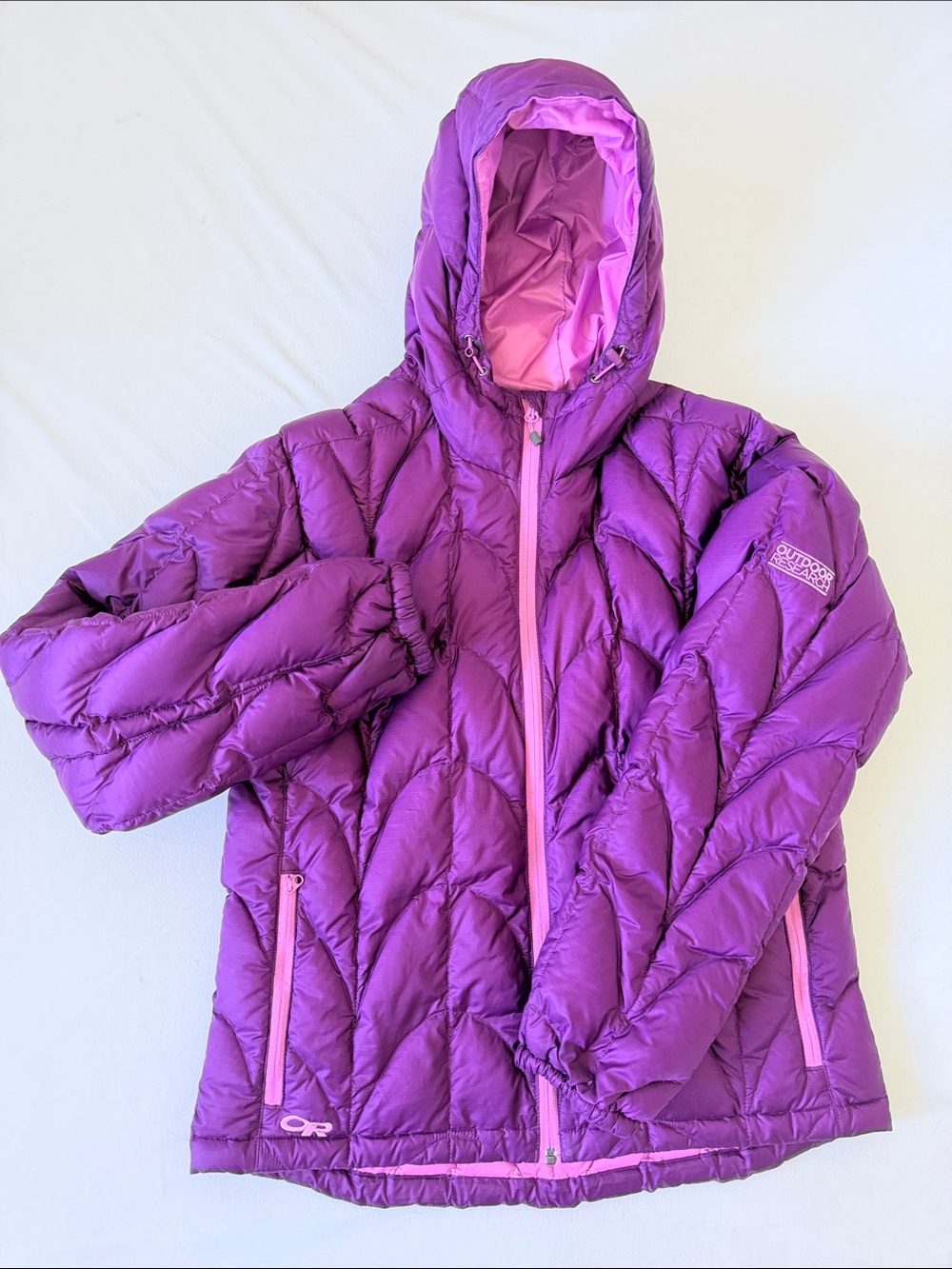 Outdoor Research Women’s L Purple Pink Goose Down Hooded Puffer Jacket